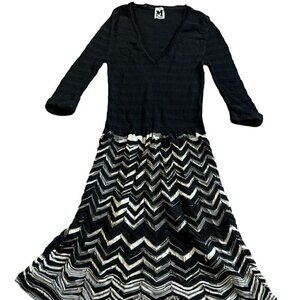 Missoni Womens Dress Black Striped Chevron 3/4 Sleeve V-Neck Drop Waist Knit